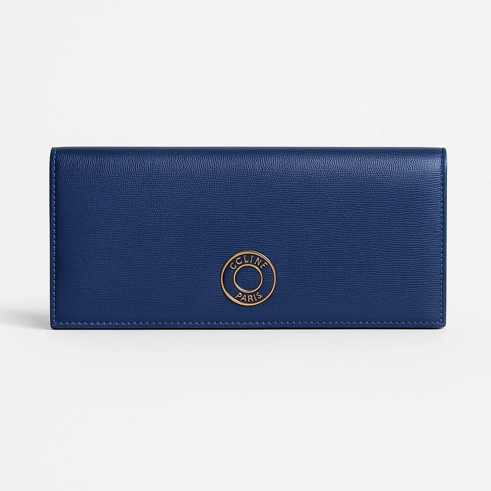Celine Blue Leather Large Wallet Red Interior Continental Snap Italy - Picture 1 of 9
